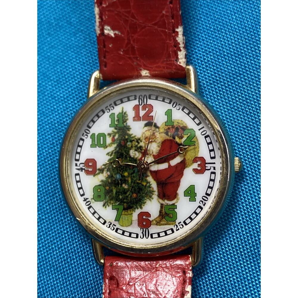 Nelsonic Womens Gold Red Christmas Vintage Santa Watch Works New Battery